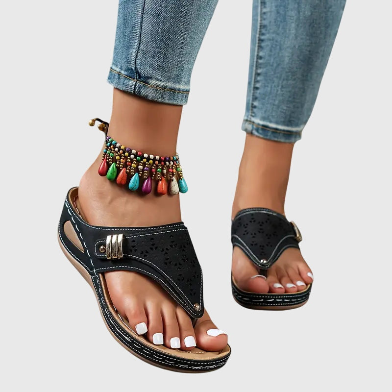 Momount Women Thong Wedge Slides – Leather Laser-Cut Toe-Post Quilted Footbed