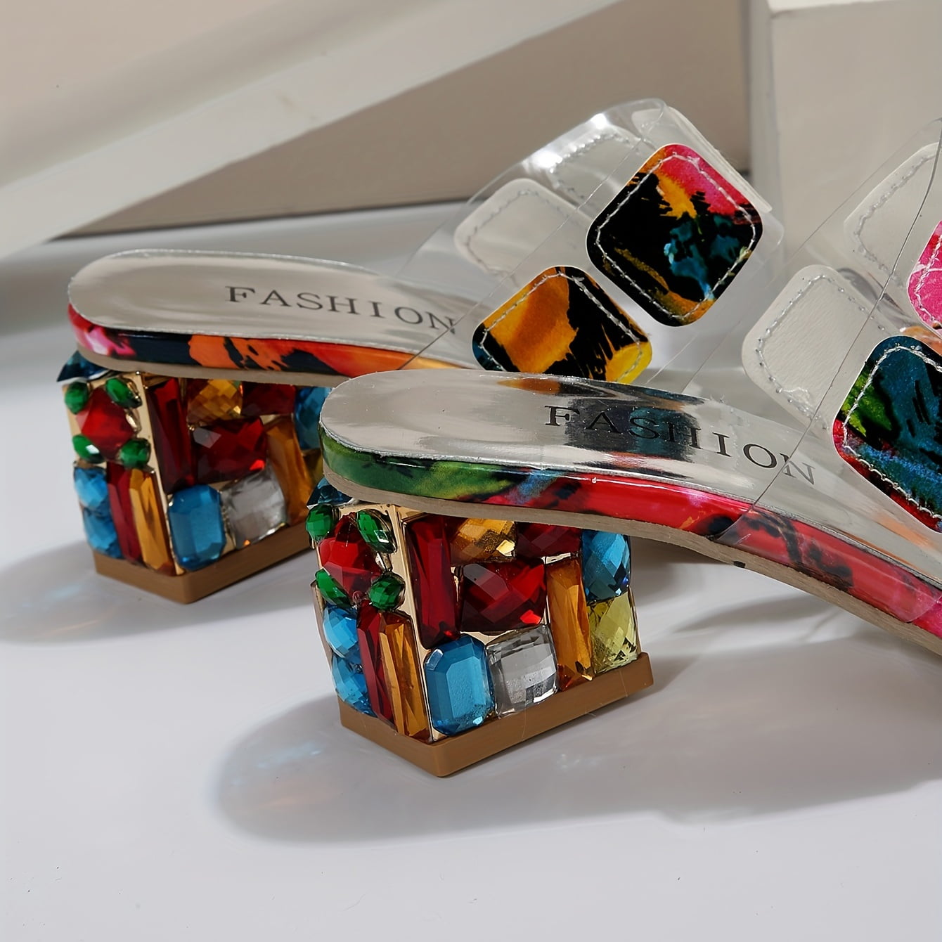 Thessaly | Clear Square Gem Block Heel Sandals