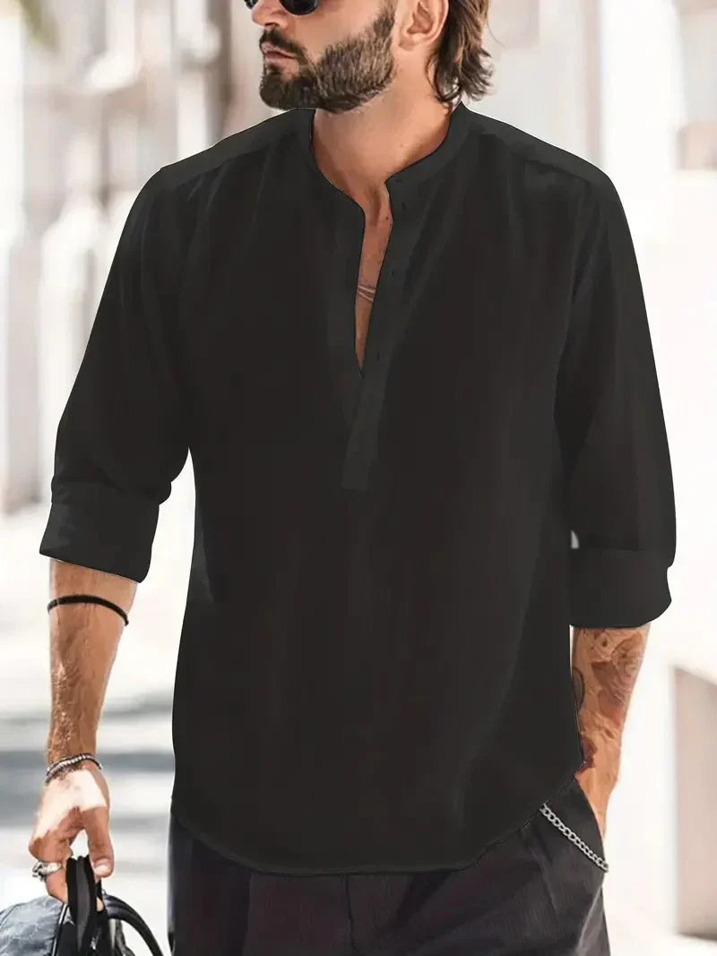 Momount Men Linen Henley Shirt – Long Sleeve Stand Collar Summer