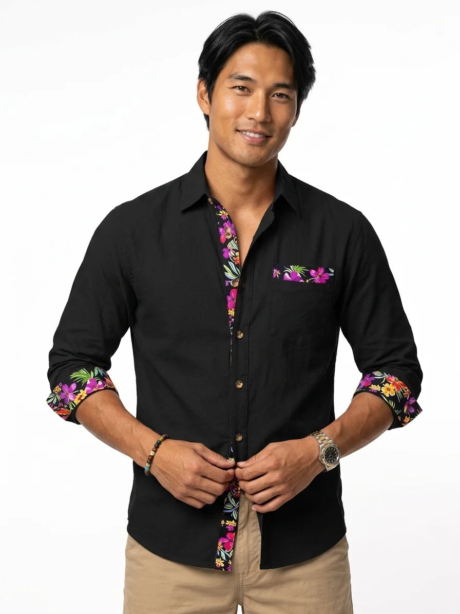 Momount Men Linen Shirt – Long Sleeve Floral Contrast Trim Hawaiian Casual - Black - front