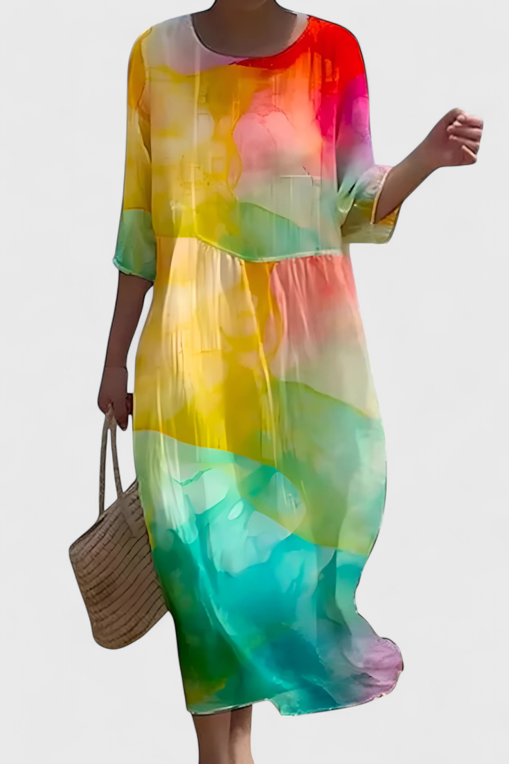 Momount Women’s Floral Midi Dress – 3/4 Sleeve Loose Fit Casual Summer Beach Dress