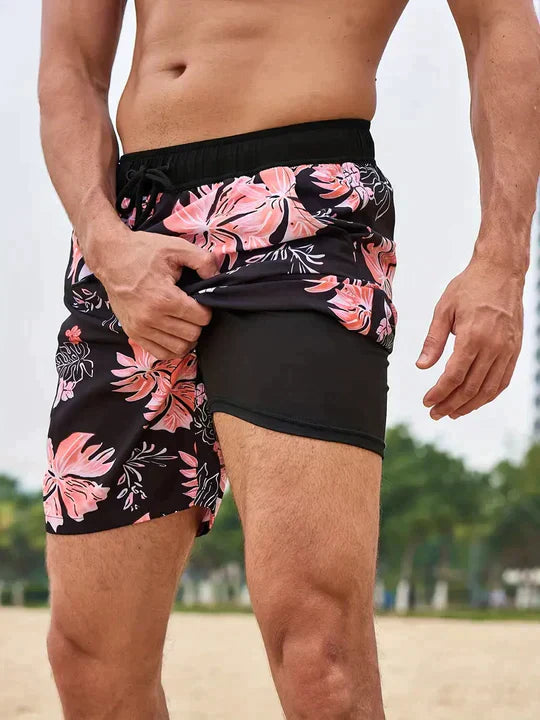 Momount Men Swim Shorts – Palm Print Compression Liner Quick Dry Mid