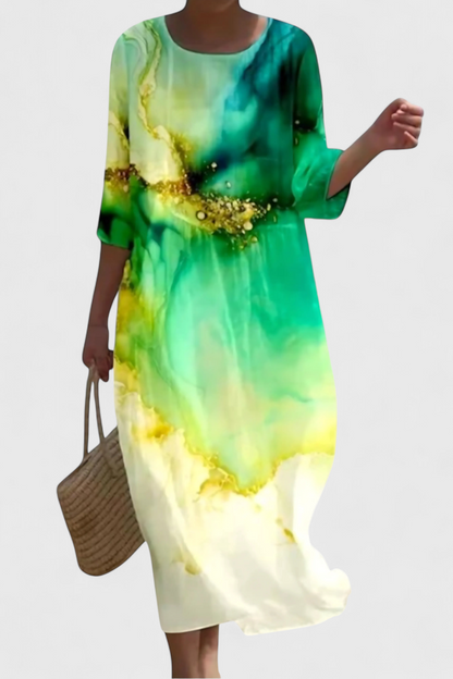 Momount Women’s Floral Midi Dress – 3/4 Sleeve Loose Fit Casual Summer Beach Dress