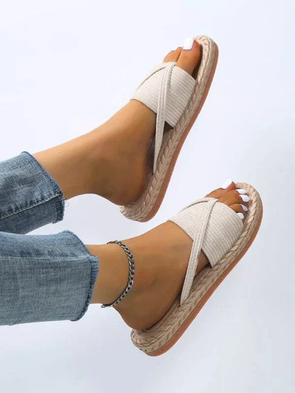 Momount Women Espadrille Sandals – Woven Jute Toe-Ring Flat Slide