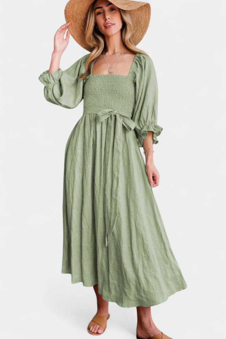 Momount Women’s Summer Midi Dress – Cut Out Puff Sleeve A-line Flowy Beach Dress