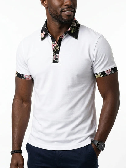 Momount Men Polo Shirt – Floral Contrast Collar Cuffs Short Sleeve - White - closeup