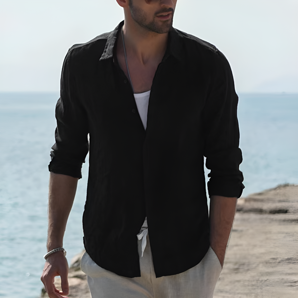 Momount Men Linen Shirt – Long Sleeve Turn Down Collar Button Up Classic