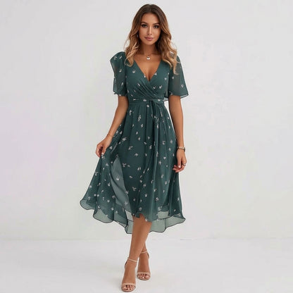 Adele Floral Summer Midi Dress | Casual, Timeless, Effortless - Green - front