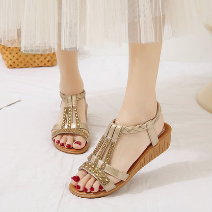 Momount Women Wedge Sandals – Boho Rhinestone Braided T-Strap Summer