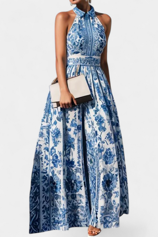 Momount Women’s Floral Maxi Dress – Halter Neck Sleeveless Elegant