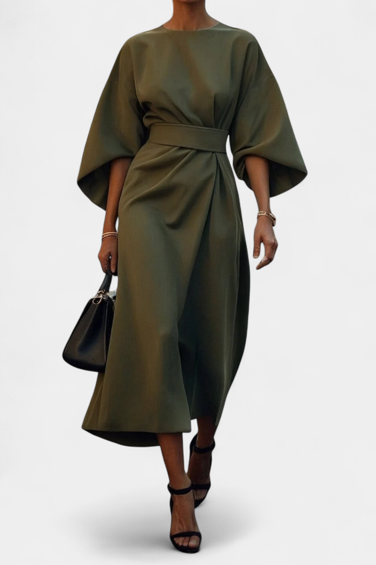 Momount Women’s Work Midi Dress – Belted Loose Fit Wide Sleeve Elegant Office Dress