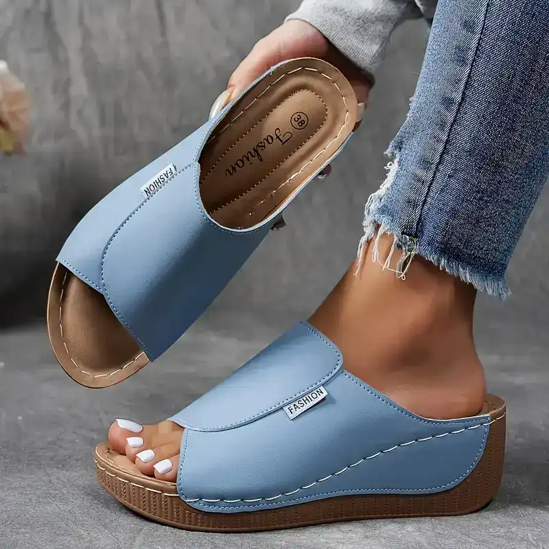 Momount Women Platform Wedge Sandals – Brown Leather Open-Toe Mule