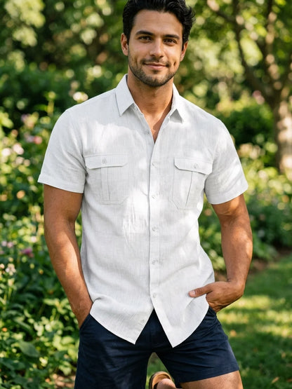 Momount Men Linen Shirt – Short Sleeve Double Chest Pocket Utility Casual - White - lifestyle_garden