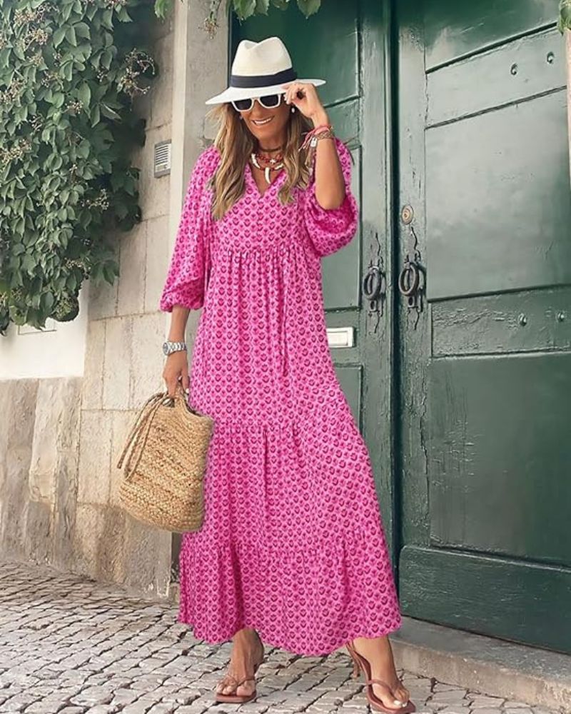 Bellanova | Boho Printed V Neck Tiered Summer Maxi Dress