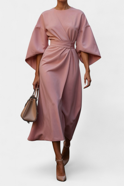 Momount Women’s Work Midi Dress – Belted Loose Fit Wide Sleeve Elegant Office Dress