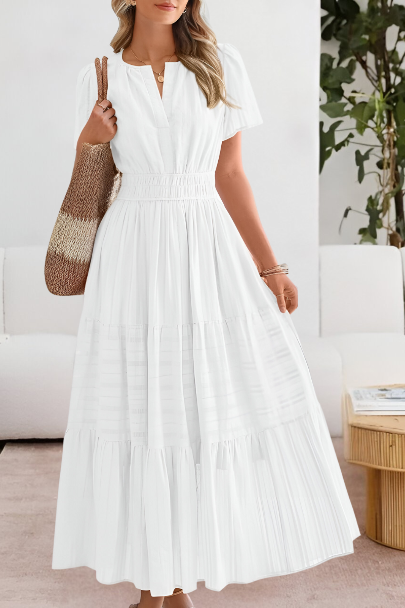 Evangelia | Boho Smocked V Neck Tiered Summer Midi Dress