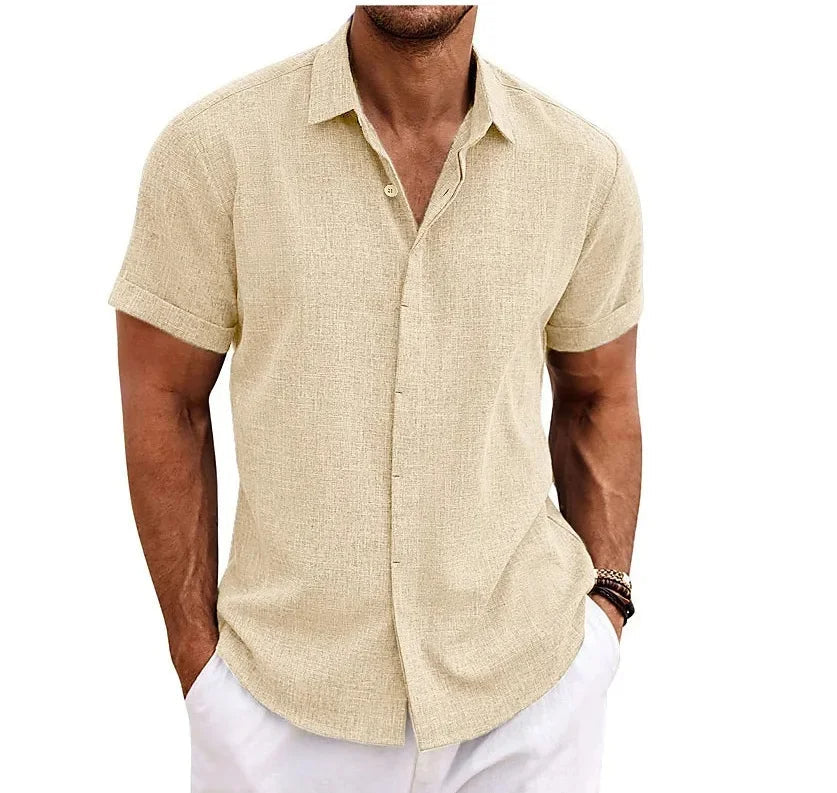 Momount Men Cotton Linen Shirt – Short Sleeve Button Up Casual