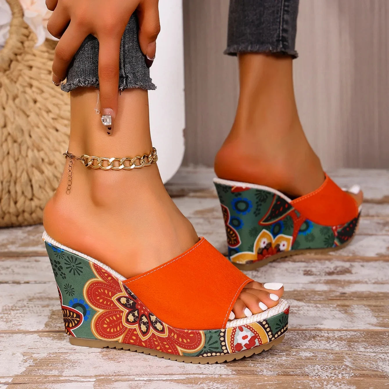 Momount Women Wedge Sandals – Suede Floral Print Platform Slide Boho