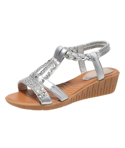 Momount Women Wedge Sandals – Boho Rhinestone Braided T-Strap Summer