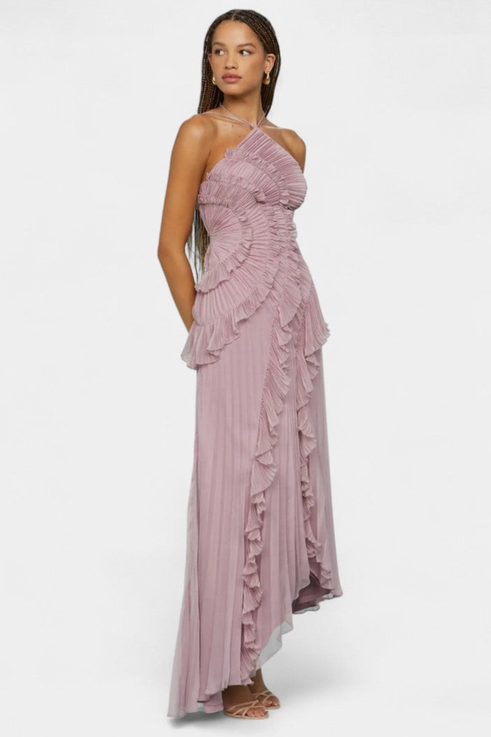 High-Low Pleated Halter Maxi Dress with Cascading Ruffles | Wedding Guest & Summer Party