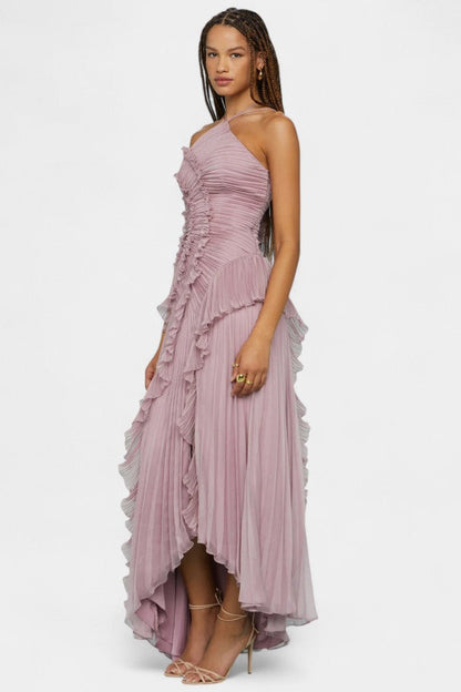 High-Low Pleated Halter Maxi Dress with Cascading Ruffles | Wedding Guest & Summer Party