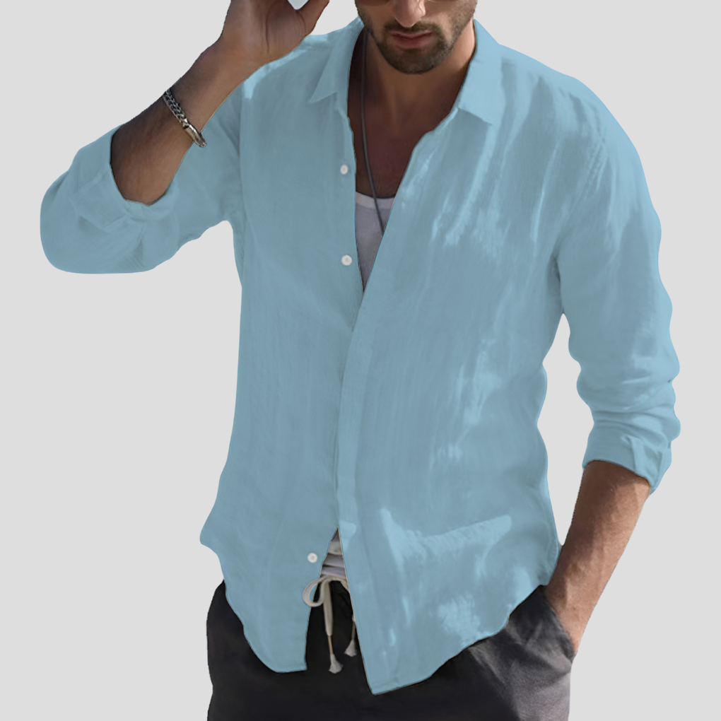 Momount Men Linen Shirt – Long Sleeve Turn Down Collar Button Up Classic