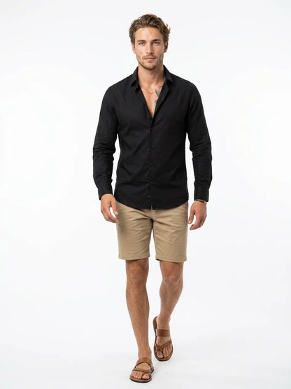 Momount Men Linen Shirt – Long Sleeve Slim Fit Button Up Casual - Black - front