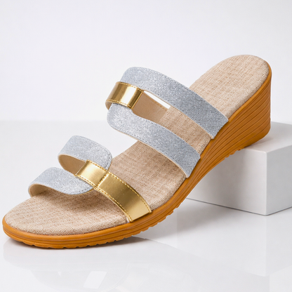Momount Women Slide Sandals – Glitter Metallic Double Strap Low Wedge