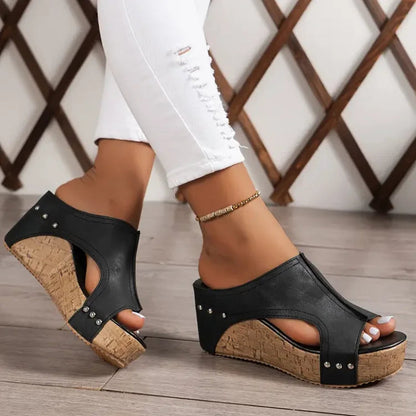 Momount Women Platform Wedge Sandals – Black Cork Peep-Toe Mule Studded