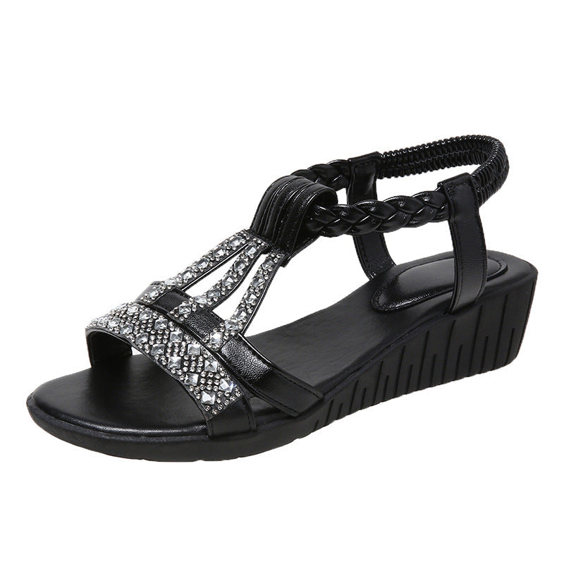 Momount Women Wedge Sandals – Boho Rhinestone Braided T-Strap Summer