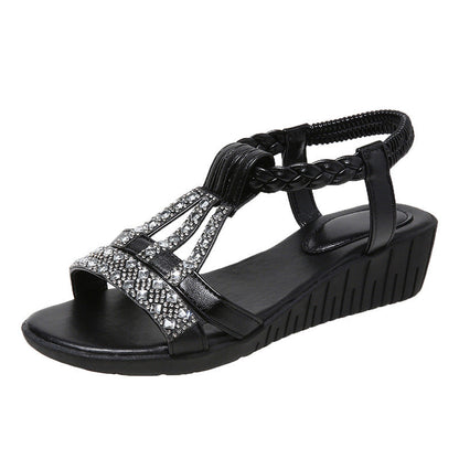 Momount Women Wedge Sandals – Boho Rhinestone Braided T-Strap Summer
