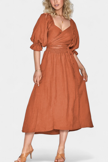 Momount Women’s Summer Midi Dress – Cut Out Puff Sleeve A-line Flowy Beach Dress