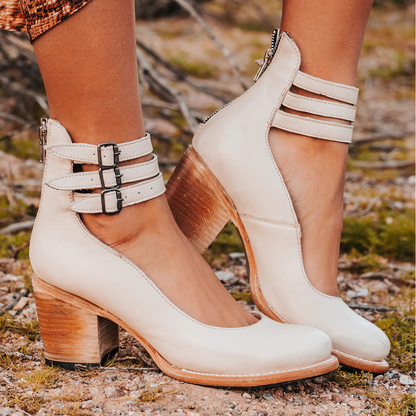 Evadne | Western Buckle Leather Block Heel Boots