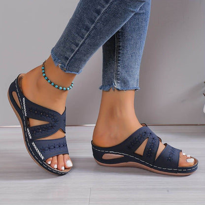 Momount | Seraphina Women's Leather Sandals | Perforated Wedge Platform | Comfortable Open Toe Summer Casual Slides