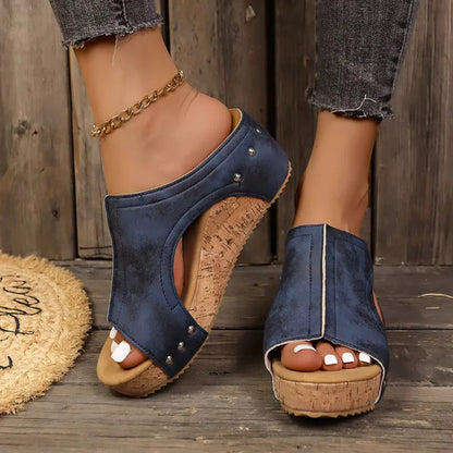 Momount Women Cork Wedge Mules – Leather Studded Peep-Toe Cutout Slip-On