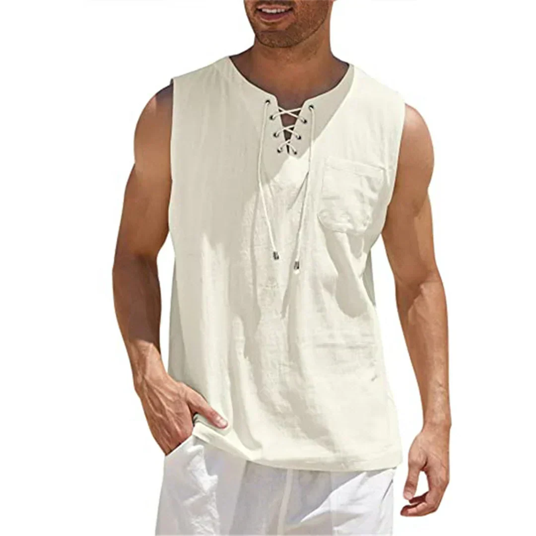 Momount Men Linen Tank Top – Lace Up V Neck Sleeveless Beach Casual