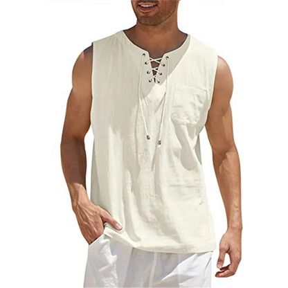 Momount Men Linen Tank Top – Lace Up V Neck Sleeveless Beach Casual