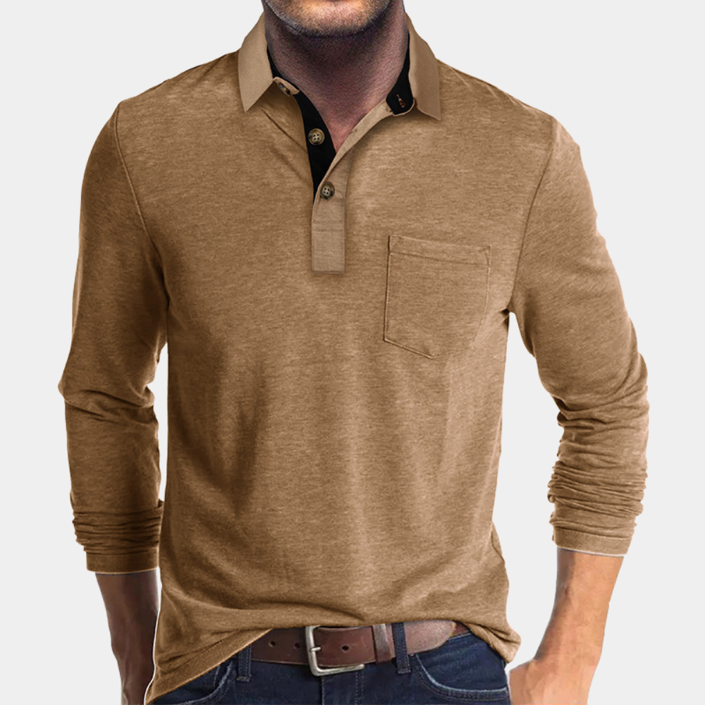 Momount Men Long Sleeve Polo Shirt – Contrast Collar Pocket Classic Fit