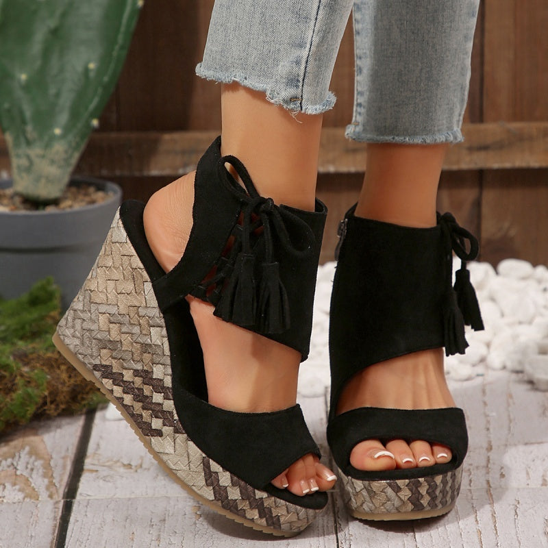 Momount Women Wedge Sandals – Woven Suede Bow High Platform Boho