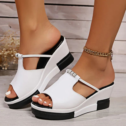 Momount Women Wedge Sandals – Leather T-Bar Cutout Peep-Toe Platform Slide