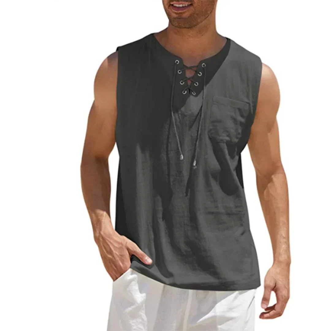 Momount Men Linen Tank Top – Lace Up V Neck Sleeveless Beach Casual