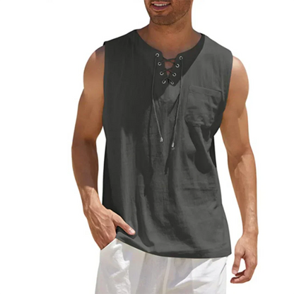 Momount Men Linen Tank Top – Lace Up V Neck Sleeveless Beach Casual