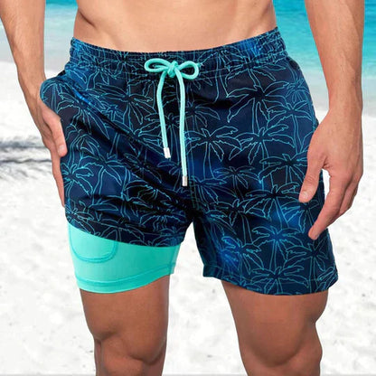 Momount Men Swim Shorts – Palm Print Compression Liner Quick Dry Mid