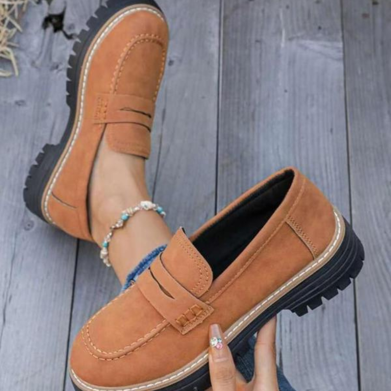 Momount Women Platform Loafers – Lug Sole Penny Strap Slip-On Round Toe