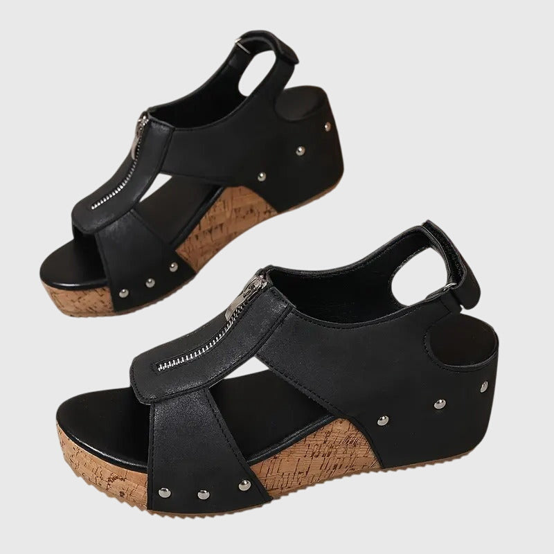 Momount Women Cork Wedge Sandals – Leather Front Zipper Studded Peep-Toe
