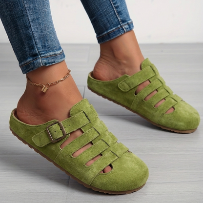 Momount Women Closed-Toe Clog Mules – Suede Caged Buckle Slip-On Cork Footbed