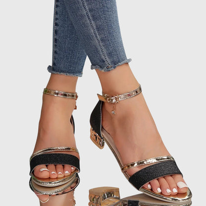 Momount Women Ankle Strap Sandals – Glitter Rhinestone Block Heel Open Toe