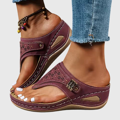 Momount Women Thong Wedge Sandals – Leather Laser-Cut Slide Toe-Post Low Heel