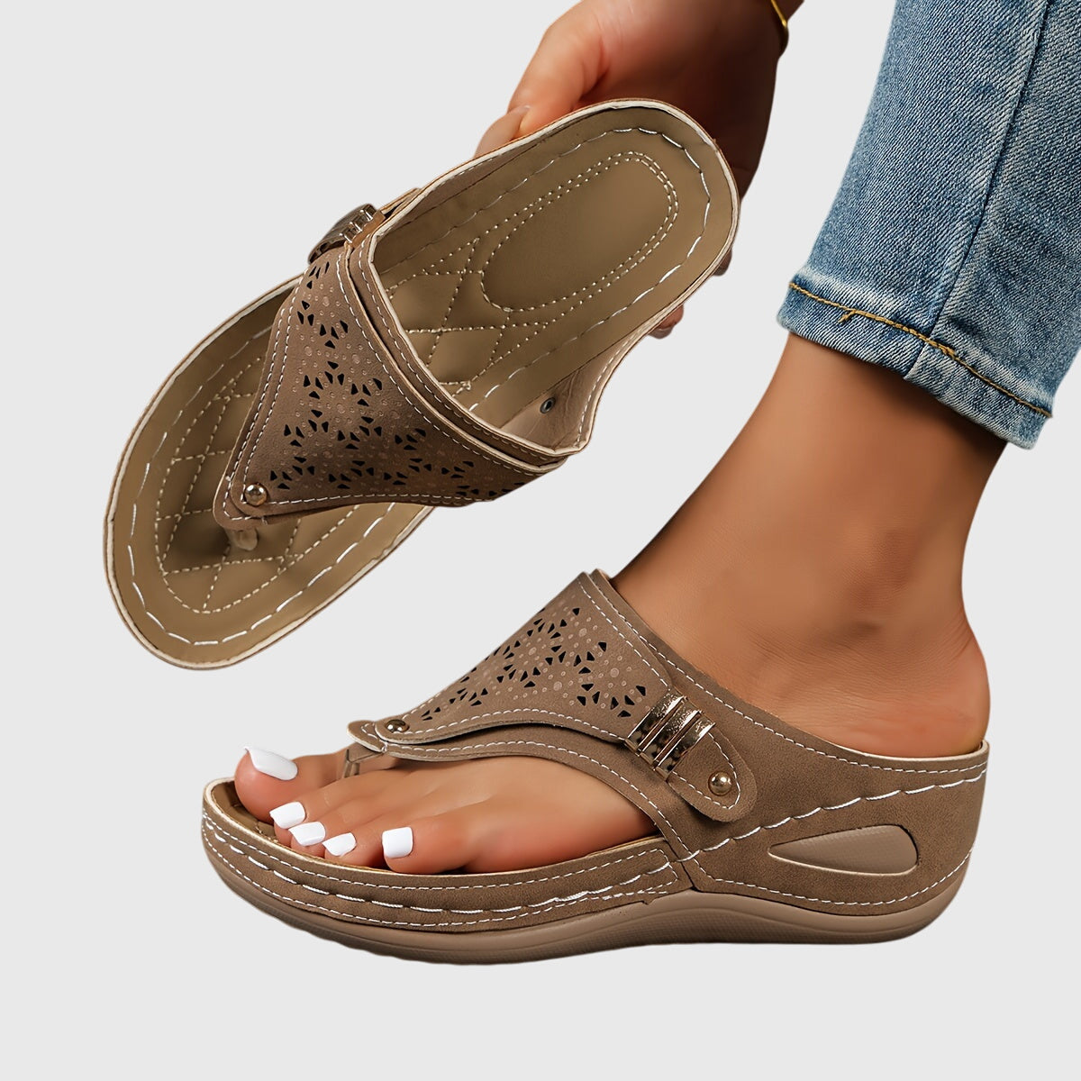 Momount Women Thong Wedge Sandals – Leather Laser-Cut Slide Toe-Post Low Heel