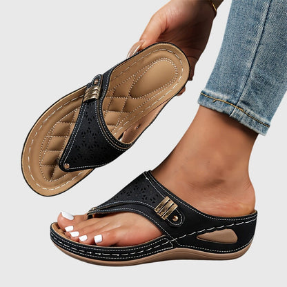 Momount Women Thong Wedge Sandals – Leather Laser-Cut Slide Toe-Post Low Heel